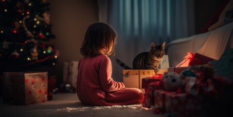 Little girl and her cat in the evening, near Christmas tree