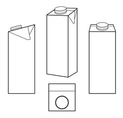 Line mockup of a drink carton for milk, juice in different angles. View turns of cardboard liquid packaging. Front, side, profile, top view, three-quarter. Vector illustration isolated on white. Food