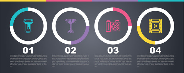 Set line Photo camera flash, Studio light bulb in softbox, and Camera film roll cartridge. Business infographic template. Vector