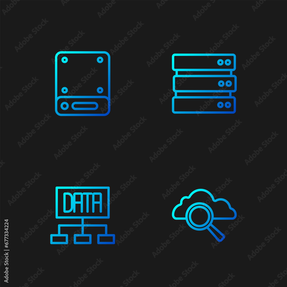 Poster set line search cloud computing, data analysis, server and . gradient color icons. vector