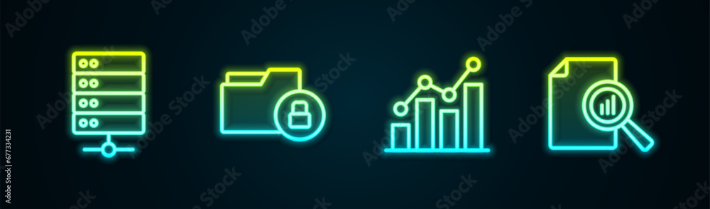 Poster set line server, folder and lock, pie chart infographic and document with. glowing neon icon. vector