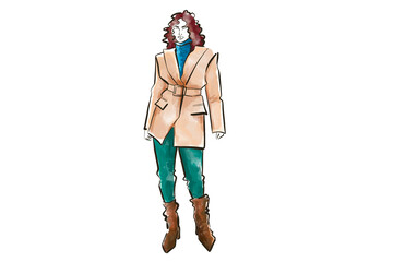 Watercolor fashion illustration of a girl in a jacket 