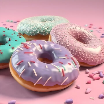 3d render of colorful glazed donuts on pink background.