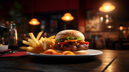 burger and fries, hamburger and fries on a table, hamburger advertising photography - obrazy, fototapety, plakaty