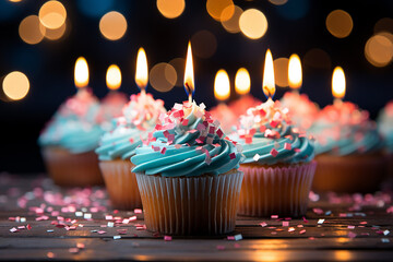 Obraz na płótnie Canvas Cupcake with a candle, Birthday concept. Colorful creamy cupcakes. AI