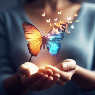 the birth of a new idea. a woman holds a neon-lit butterfly on her hand. ai generative