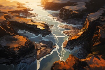 Aerial view of a jagged coastline at sunset with the golden light reflecting on tide pools