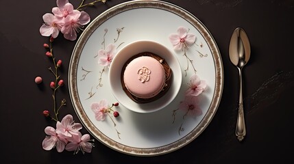  a white plate topped with a cup filled with pink frosting and a pink flower next to a spoon and fork.
