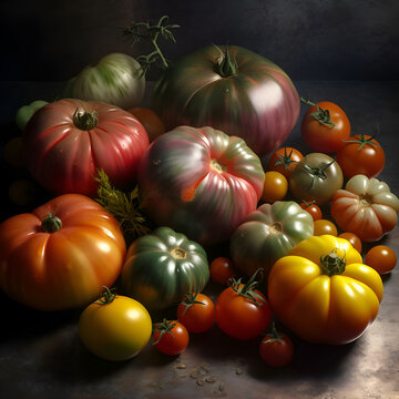 Variety of colorful tomatoes on old metal background. Toned.