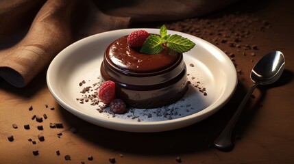  a dessert with chocolate and raspberries on a white plate with a spoon and a napkin on a table.