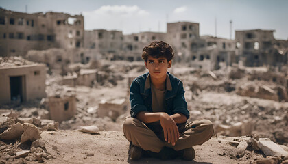 Young boy sitting in the middle of the ruins of an old abandoned city