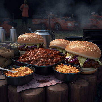 3d illustration of hamburgers and chips on the table.
