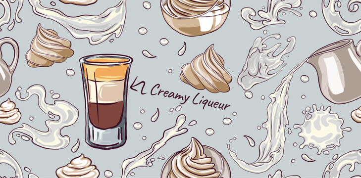 seamless pattern Cocktail B-52, hand drawn, bar alcoholic drink with recipe from ingredients Baileys cream liqueur, for poster, t-shirt or banner.