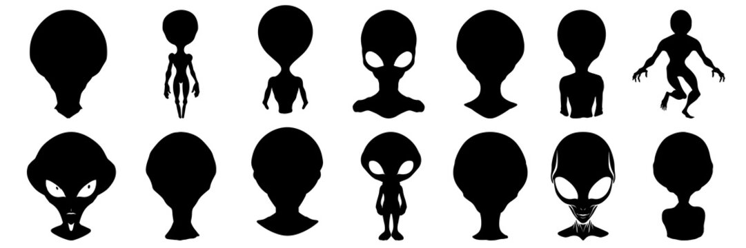 Alien silhouettes set, large pack of vector silhouette design, isolated white background