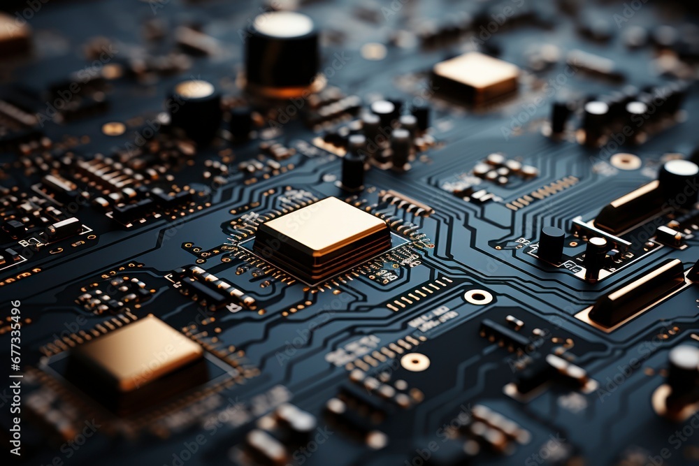 Poster image of complex details and texture patterns of a printed circuit board.