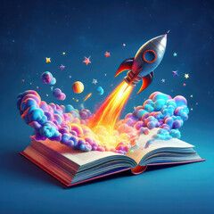 a rocket flying out of an open book. concept of pursuit of knowledge. ai generative - obrazy, fototapety, plakaty
