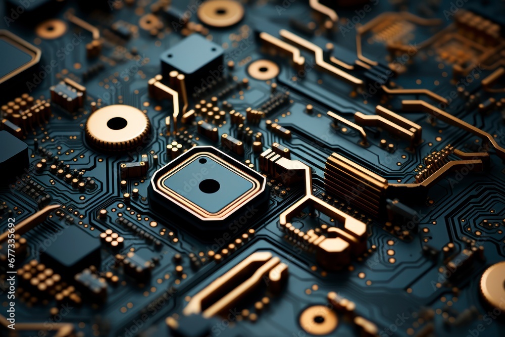 Poster image of complex details and texture patterns of a printed circuit board.