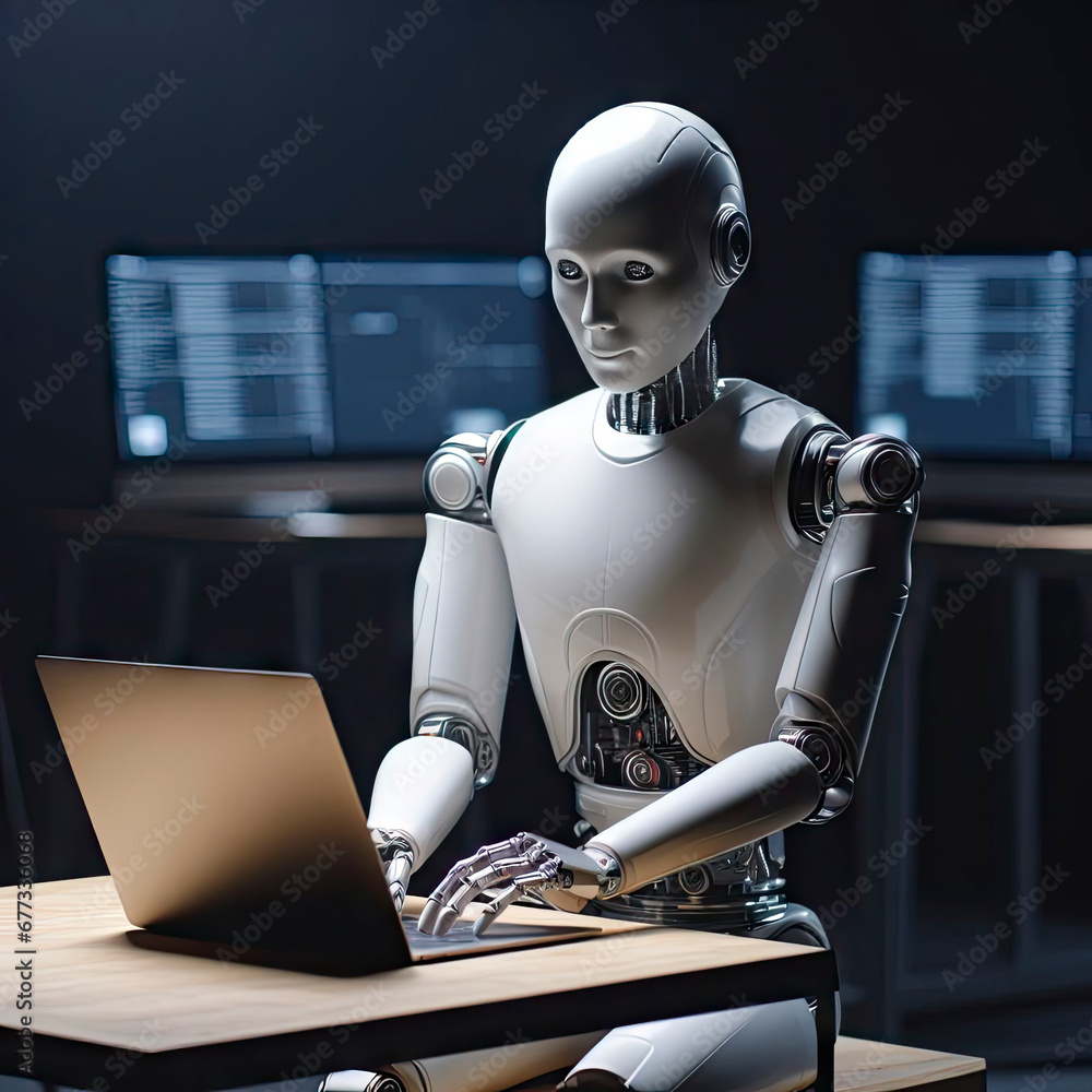 Aufkleber robot working on a laptop. ai generative