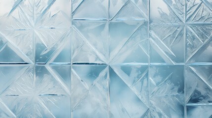  a close up of a glass block wall with ice on the bottom and a tree in the middle of it.