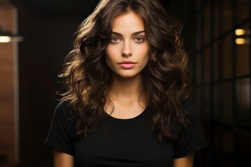 Fototapeta premium Photo of a young woman with luxurious long hair, dressed in a black t-shirt.