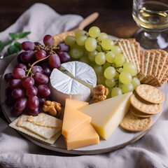 Cheese platter with grapes. crackers and white wine.