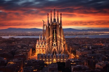 Aerial view of Sagrada Familia during sunset with city lights