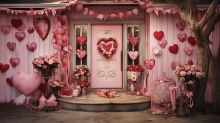  a valentine's day display with a pink door and lots of pink hearts hanging from the side of the door.