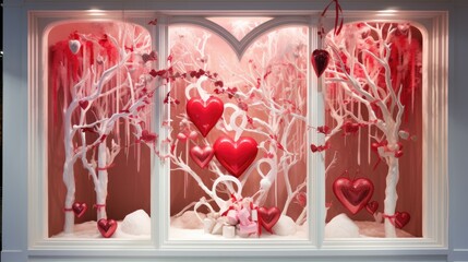  valentine's day window display with red and white hearts and trees in red and white colors with a pink background.