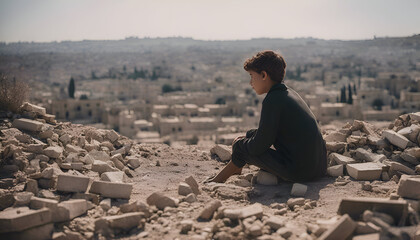 Young man sitting on the ruins of the old city of Jerusalem. Israel
