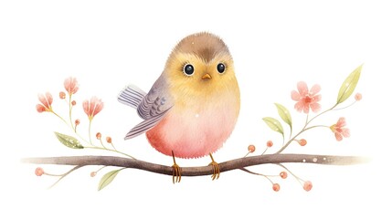  a watercolor painting of a little bird sitting on a branch with pink flowers on it's back end.