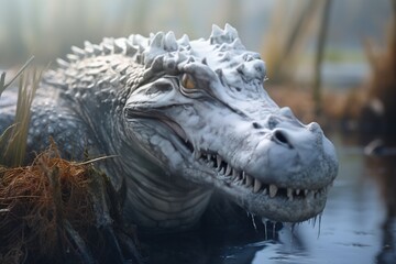 Alligator with frost on its back in a cold swamp