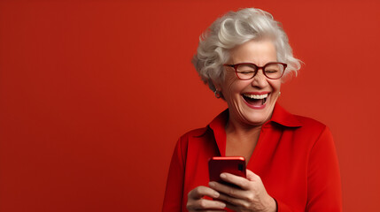 Happy senior woman smiling with her phone in a red background with space for text. 