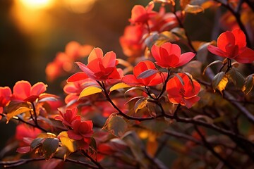 Buttery autumn light on a spindle shrub’s fiery leaves