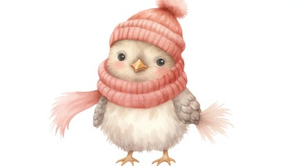  a watercolor drawing of a bird wearing a pink hat and scarf with a pom pom on it's head.