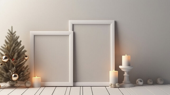 Mock up of two white vertical photo frames with christmas tree and candles,.