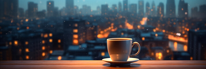 Coffee cup on wooden table over city background.  - obrazy, fototapety, plakaty