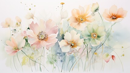  a painting of a bunch of flowers on a white background with a watercolor effect of pink, yellow, and green.