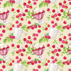 Raspberries with whipped cream and tea, dessert on a beige background. Watercolor seamless background with summer red berries. Illustration for spring cover, summer textile, wedding invitation.