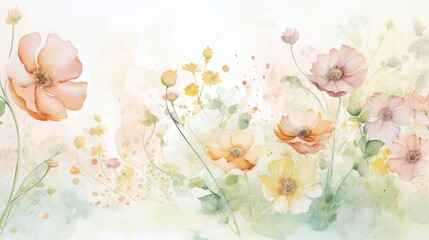  a painting of a bunch of flowers on a white and yellow background with a watercolor effect of pink, orange, yellow and green flowers.