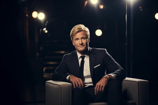 gordon ramsay sitting in a white chair with lights on him