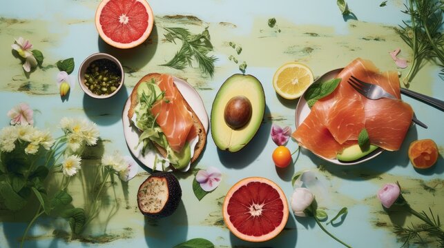  a table topped with plates of food next to a bowl of fruit and a plate of avocado and grapefruit.