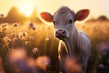 Backlit image of a little cow in a field of wildflowers
