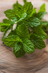 Fresh mint leaves on a wooden board. A sprig of mint. Herbal mint tea. Green color in food. Natural flavoring. Soothing drink. Ingredient for cocktails. Products for mojito. Organic food.