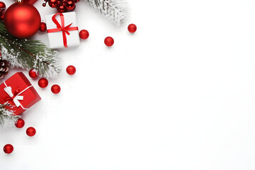 Weihnachtsdekoration mit Geschenken, Tannenzweigen und goldenen Kugeln auf weißem Hintergrund, erstellt mit generativer KI