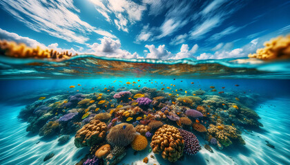 Panoramic view of a coral reef with a split view showing above and below the water surface.