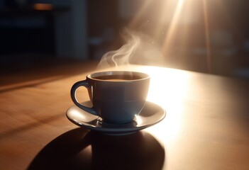 Cup of steaming coffee on a table in the sun
