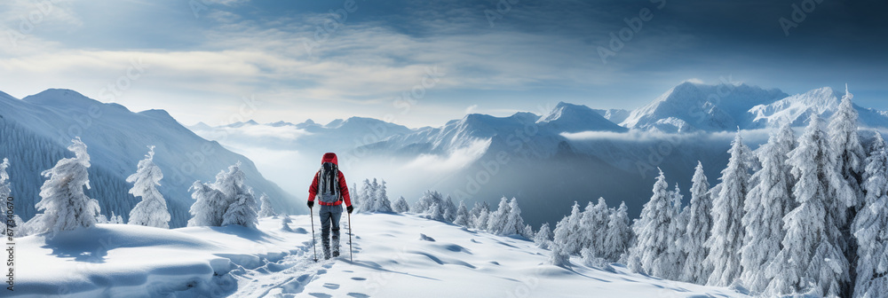 Poster mountaineer casting long shadow on pristine snow background with empty space for text