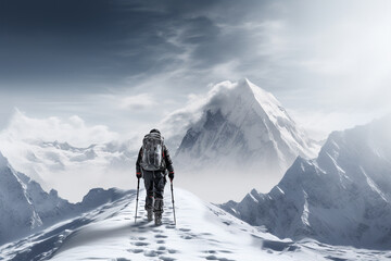 Emotion etched mountaineer resolute against harsh infinity of winter wilderness 