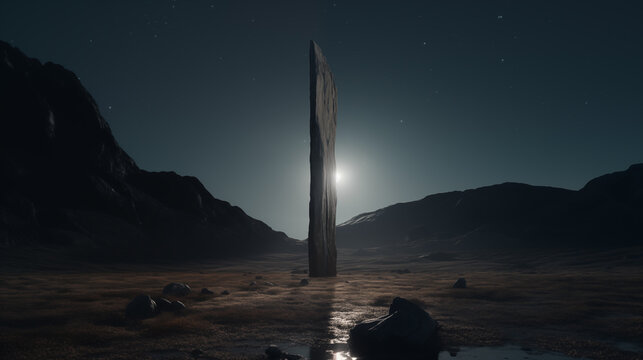 desolate landscape with lone futuristic  monolit