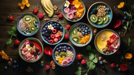  a number of bowls of food on a table with bananas, kiwis, strawberries, and berries.